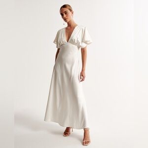 Flutter sleeve satin maxi dress, white, XL
